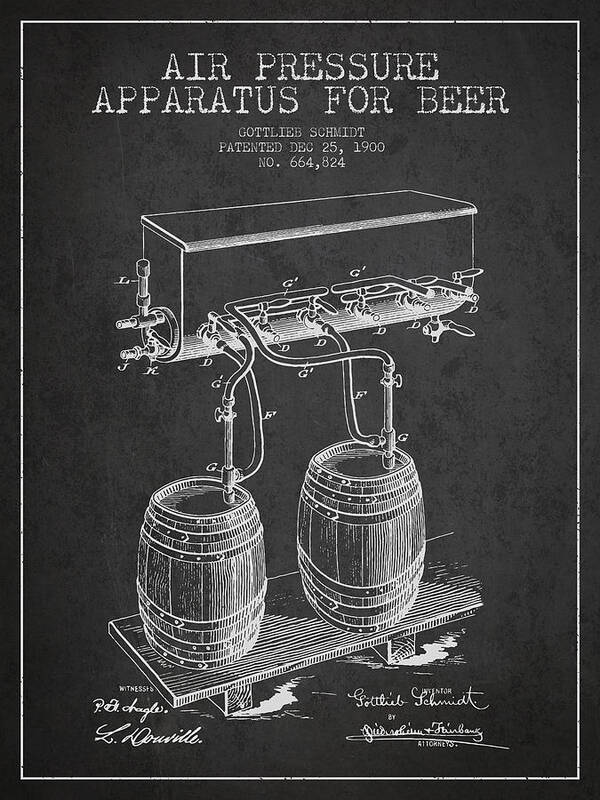 Beer Keg Art Print featuring the digital art Apparatus for Beer Patent from 1900 - Dark by Aged Pixel