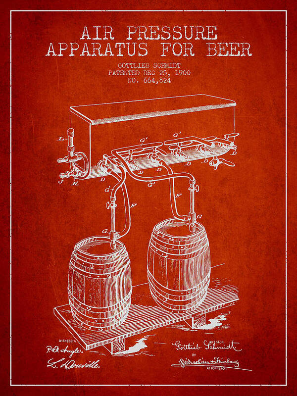 Beer Keg Art Print featuring the digital art Apparatus for Beer Patent from 1900 - Red by Aged Pixel