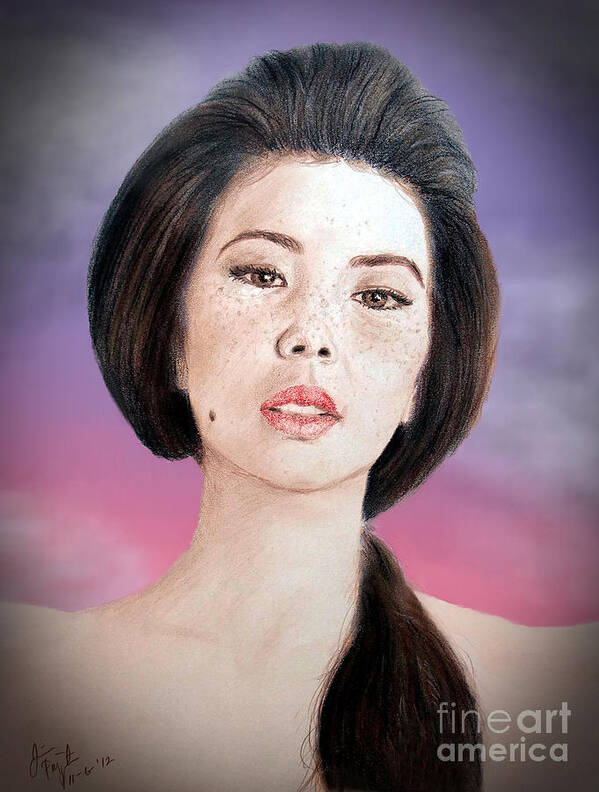 Freckle Faced Asian Beauty Art Print featuring the drawing Asian Beauty Fade to Black Version by Jim Fitzpatrick