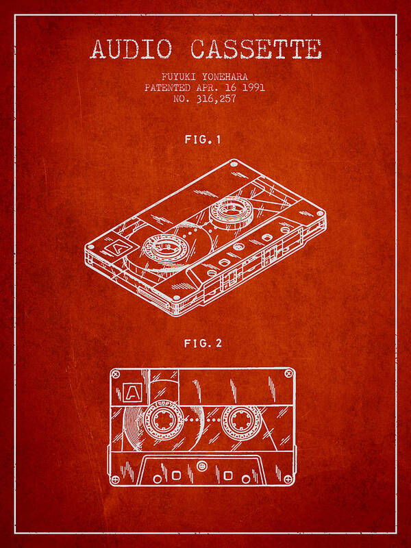 Audio Casssette Art Print featuring the digital art Audio Cassette Patent from 1991 - Red by Aged Pixel