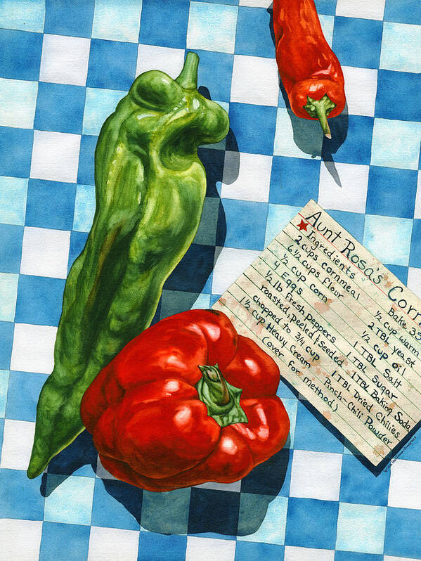 Peppers Art Print featuring the painting Aunt Rosa's Cornbread by Lynda Hoffman-Snodgrass