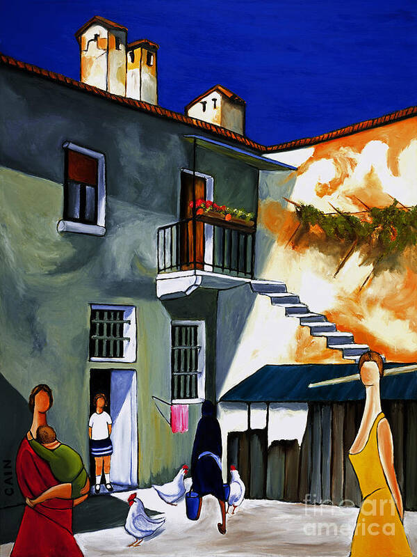 Mediterranean Village Art Print featuring the painting Backyard Chickens by William Cain