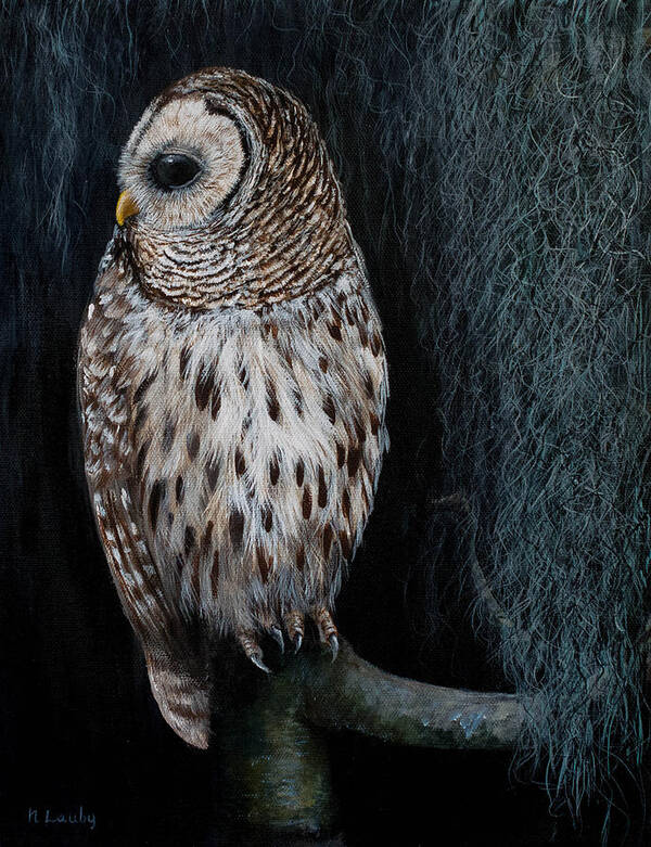 Owl Art Print featuring the painting Barred Owl on a Mossy Perch by Nancy Lauby