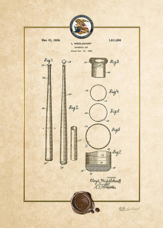 C7 Sports Patents And Blueprints Art Print featuring the digital art Baseball bat by Lloyd Middlekauff - Vintage Patent Document by Serge Averbukh