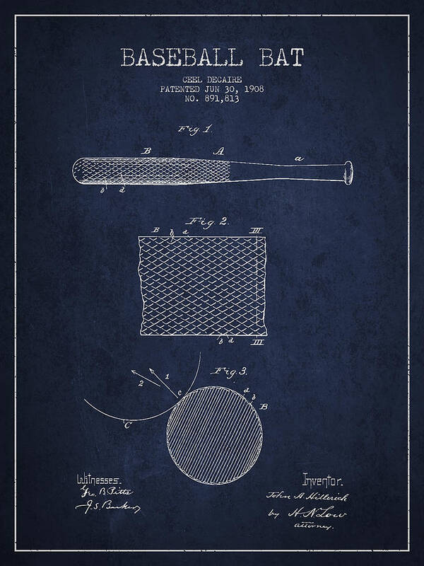 Baseball Bat Art Print featuring the digital art Baseball Bat Patent Drawing From 1904 by Aged Pixel