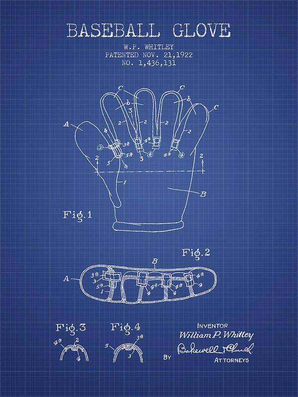 Baseball Art Print featuring the drawing Baseball Glove Patent From 1922 - Blueprint by Aged Pixel