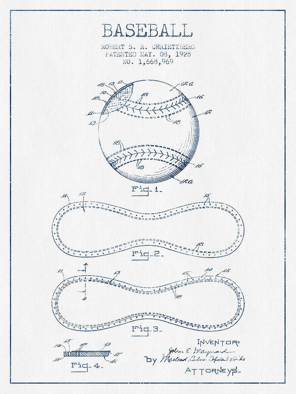 Baseball Art Print featuring the digital art Baseball Patent Drawing From 1928 - Blue Ink by Aged Pixel