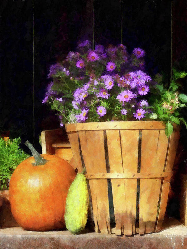 Autumn Art Print featuring the photograph Basket of Asters With Pumpkin and Gourd by Susan Savad