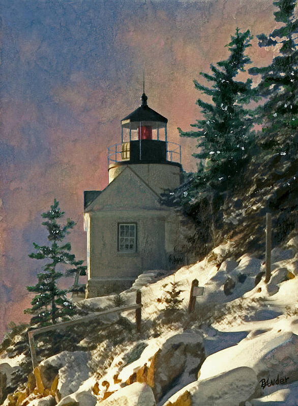Bass Harbor Art Print featuring the painting Bass Harbor Light in a Winter Storm by Brent Ander