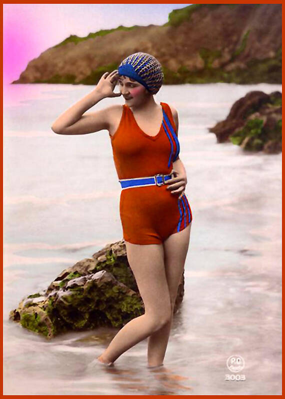 Vintage Postcards Art Print featuring the photograph Bathing Beauty in Patriotic Bathing Suit by Denise Beverly