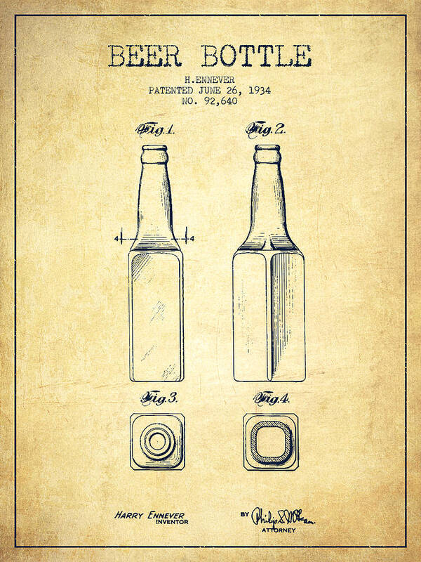 Bottle Patent Art Print featuring the digital art Beer Bottle Patent Drawing from 1934 - Vintage by Aged Pixel