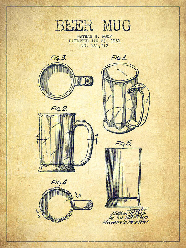 Beer Mug Art Print featuring the digital art Beer Mug Patent Drawing from 1951 - Vintage by Aged Pixel