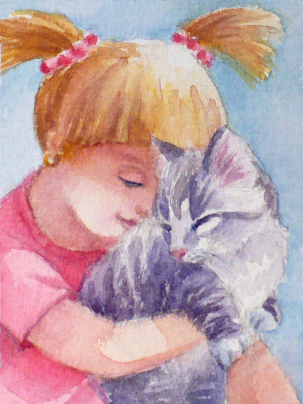 Baby Animal Art Print featuring the painting Kitten and a Little Girl by Janet Zeh