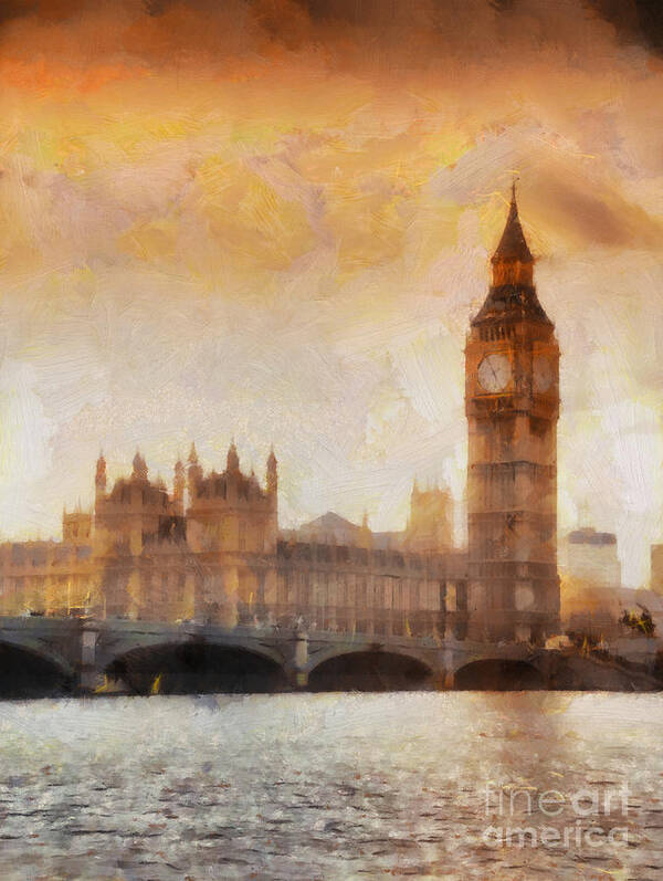 London Art Print featuring the painting Big Ben at dusk by Pixel Chimp