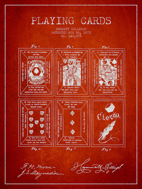 Cards Art Print featuring the digital art Billings Playing Cards Patent Drawing From 1873 - Red by Aged Pixel