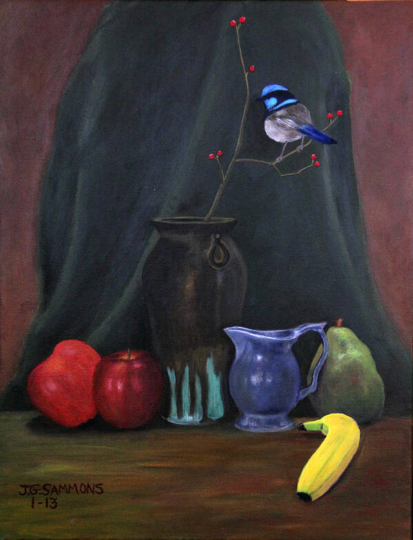 Still Life Art Print featuring the painting Blue Wren and Fruit by Janet Greer Sammons