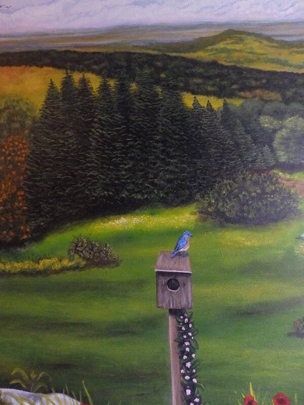 Trees Art Print featuring the painting Bluebird on a birdhouse by Dan Wagner