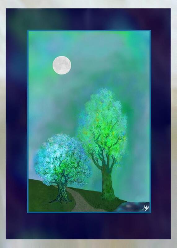 Moon Art Print featuring the digital art bordered DREAM TREES AT TWILIGHT by Mathilde Vhargon