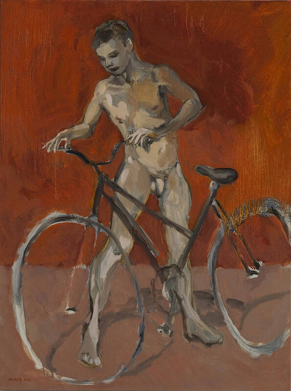 Boy Art Print featuring the painting Boy with bicycle red oxide by Peregrine Roskilly