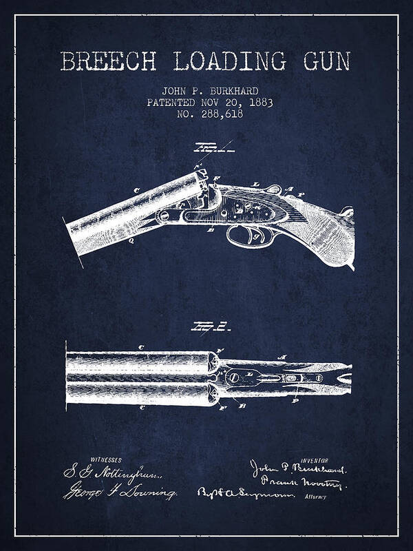 Rifle Patent Art Print featuring the digital art Breech Loading Gun Patent Drawing from 1883 - Navy Blue by Aged Pixel