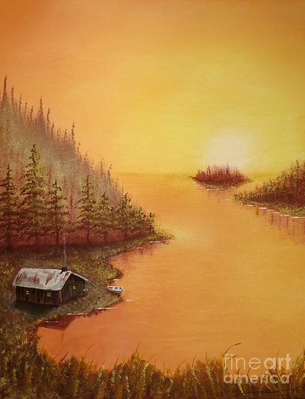 Cabin Art Print featuring the painting Cabin on the Lake by Tim Townsend