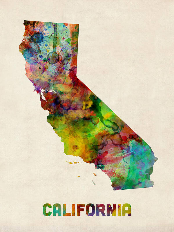 United States Map Art Print featuring the digital art California Watercolor Map by Michael Tompsett