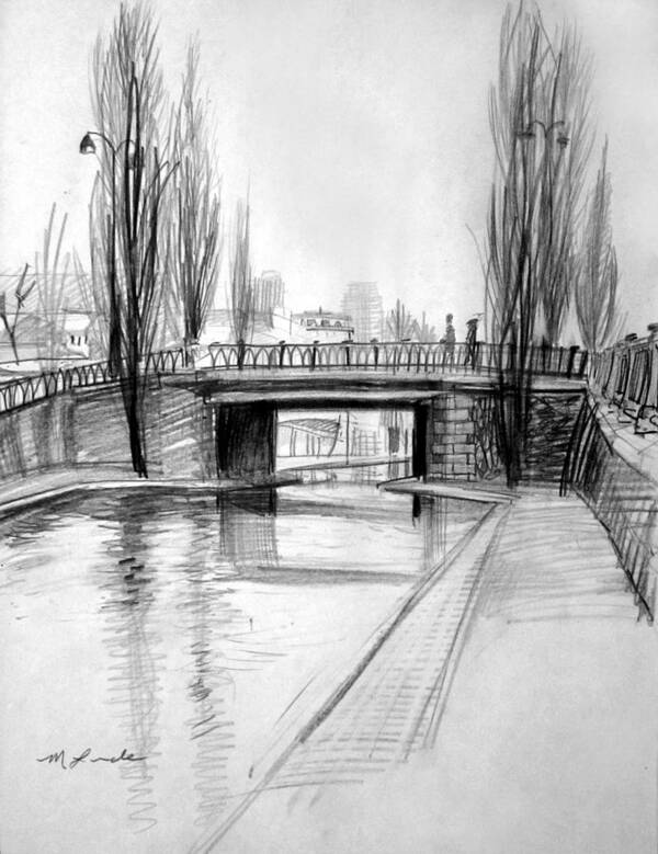 Canal In Paris Art Print featuring the drawing Canal Bridge in Paris by Mark Lunde