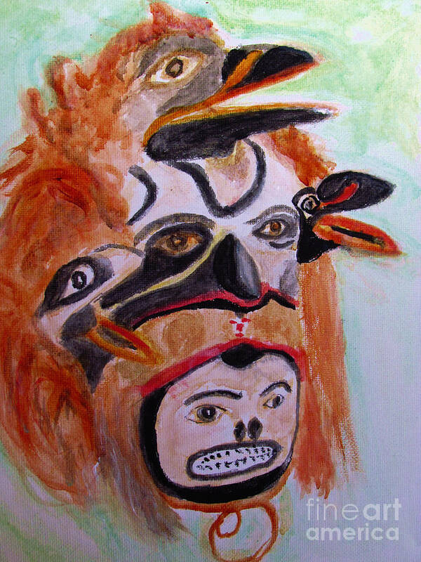  Ferocious Indian Mask Art Print featuring the painting Cannibal Indian Mask by Stanley Morganstein