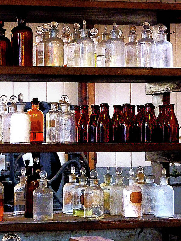 Bottles Art Print featuring the photograph Chemistry - Bottles of Chemicals on Shelves by Susan Savad