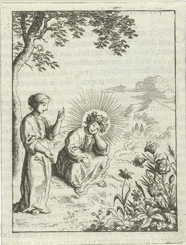 Christ Art Print featuring the drawing Christ And The Personified Soul Contemplate Nature by Jan Luyken And Pieter Arentsz (ii)