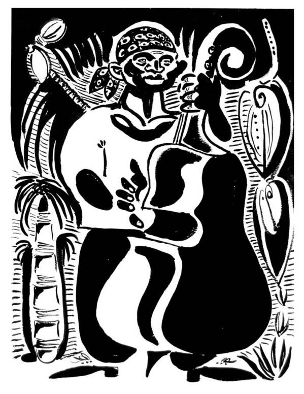 Cuba Music Dance Contra Bass Upright Bass Vaskovsky Vadim Art Print Ink Paper Watercolour Black White Carib Bandana Palm South Lino Cut Art Print featuring the drawing Contrabass by Vadim Vaskovsky
