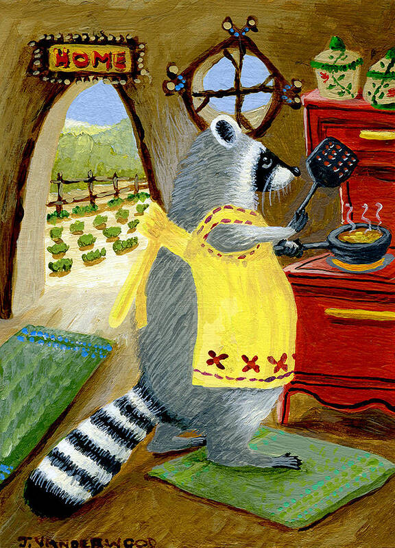 Raccoon Art Print featuring the painting Cooking Lunch by Jacquelin L Vanderwood Westerman