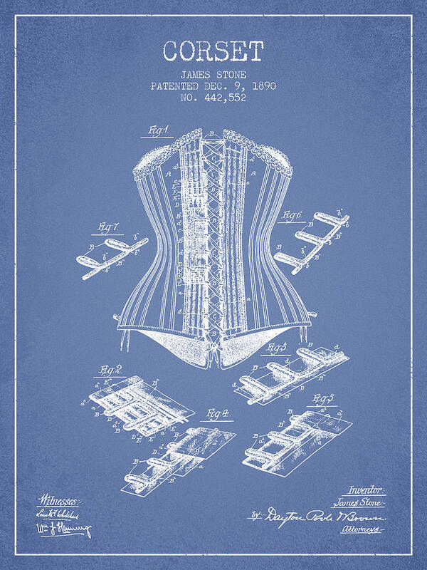 Corset Art Print featuring the digital art Corset patent from 1890 - Light Blue by Aged Pixel