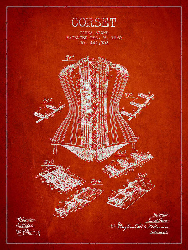 Corset Art Print featuring the digital art Corset patent from 1890 - Red by Aged Pixel