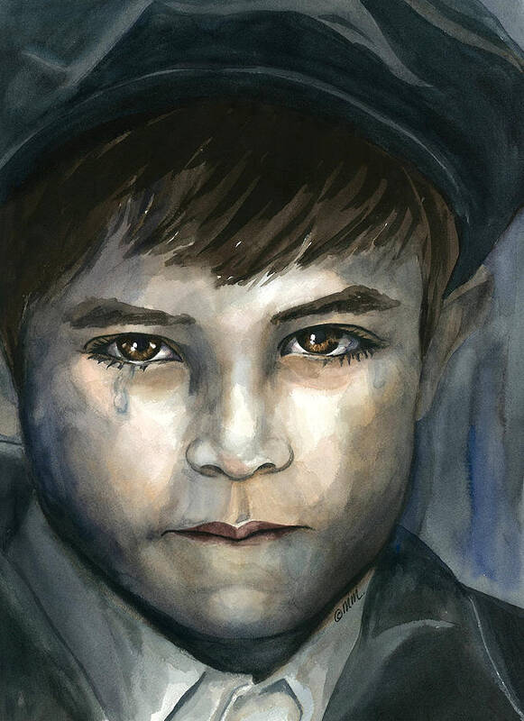 Little Boy With Tear In His Eye Art Print featuring the painting Crying in the Shadows by Michal Madison