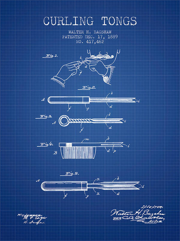 Hair Curling Art Print featuring the digital art Curling Tongs patent from 1889 - Blueprint by Aged Pixel