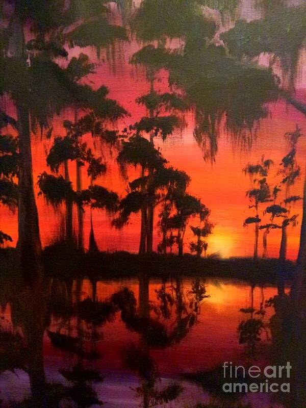 Swamp Scene Art Print featuring the painting Cypress Swamp at Sunset by Beverly Boulet