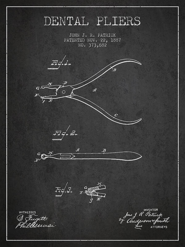 Dental Art Print featuring the digital art Dental Pliers patent from 1887- Dark by Aged Pixel