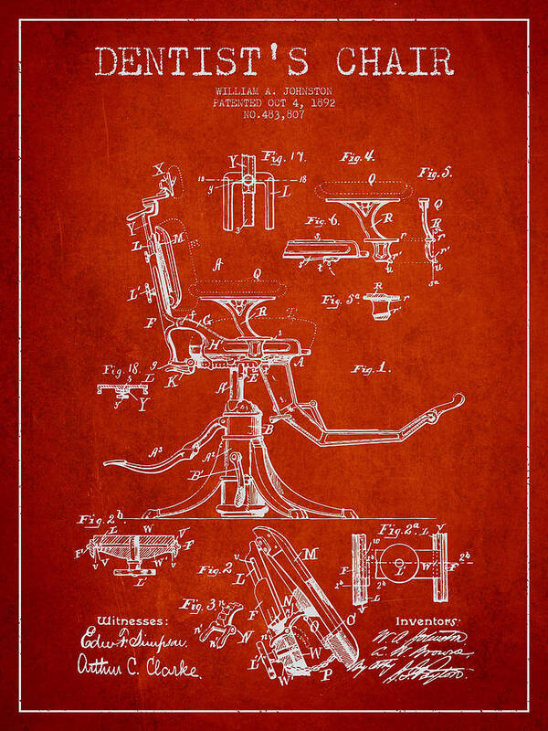 Dentist Art Print featuring the digital art Dentist Chair Patent drawing from 1892 - Red by Aged Pixel
