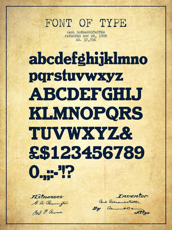 Font Art Print featuring the drawing Design for a Font of Type Patent Drawing from 1905 - Vintage by Aged Pixel