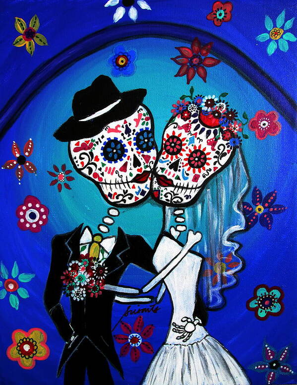 Wedding Art Print featuring the painting Dia De Los Muertos Kiss The Bride by Pristine Cartera Turkus