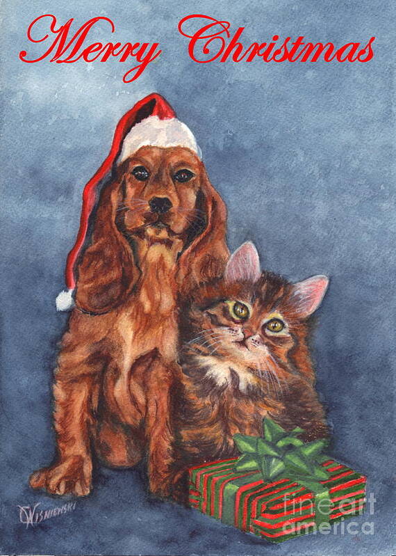 Greeting Art Print featuring the painting Dog and Cat Merry Christmas  by Carol Wisniewski