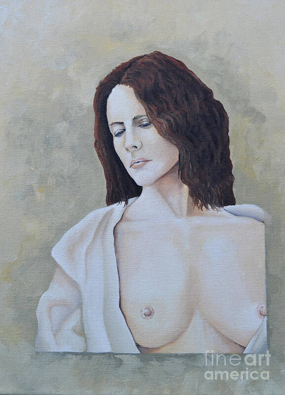 A Portrait Of A Woman In Her Robe While Being Topless. She Has Long Brown Wavy Hair. Art Print featuring the painting Nude in Robe by Martin Schmidt