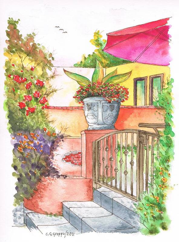 Outdoors Art Print featuring the painting Door with a flower pot in Venice Beach - California by Carlos G Groppa