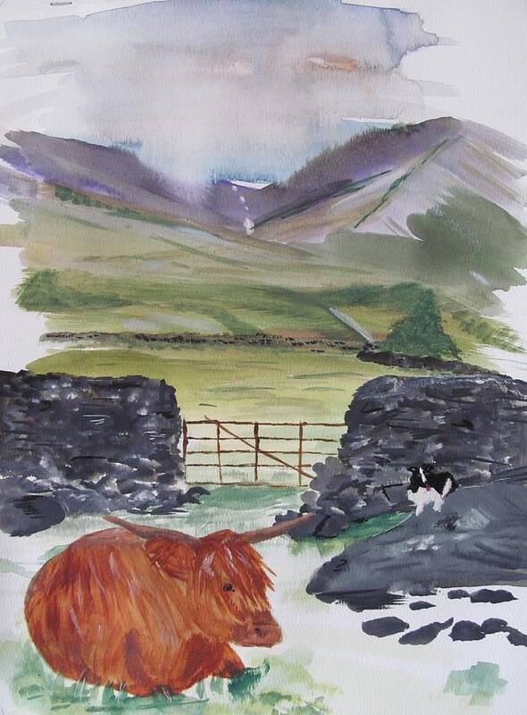 Scottish Cow Art Print featuring the painting Dragon Rock by Susan Voidets