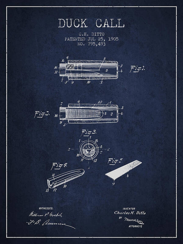 Duck Call Instrument Patent from 1905 - Navy Blue by Aged Pixel