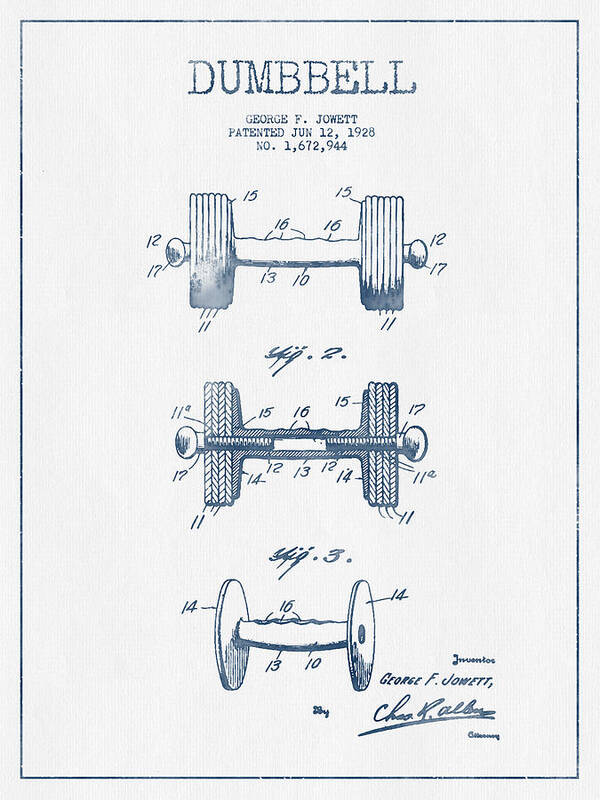 Dumbbell Art Print featuring the digital art Dumbbell Patent Drawing from 1927 - Blue Ink by Aged Pixel