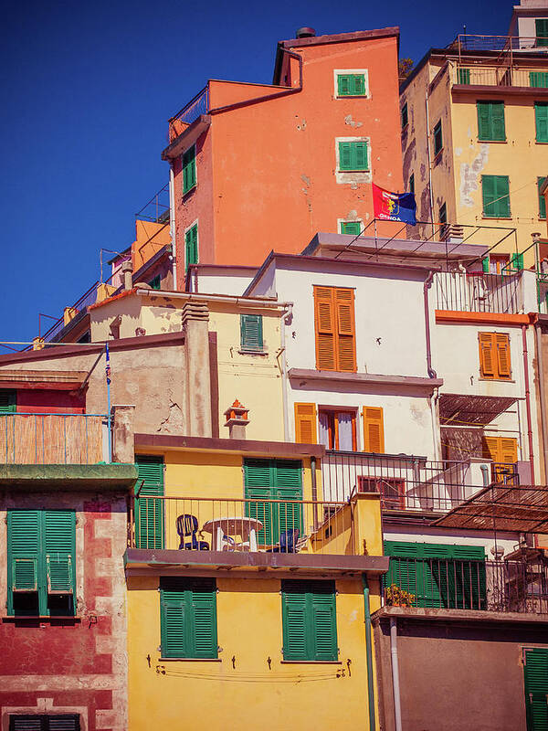 Row House Art Print featuring the photograph Facades At Riomaggiore by Miemo Penttinen - Miemo.net