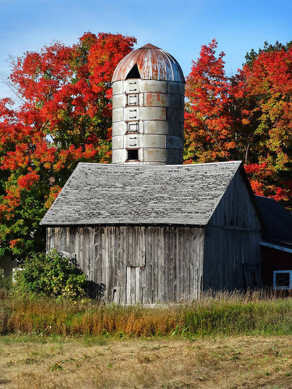 Silo Art Print featuring the photograph Fall Weathered Barn and Silo by David T Wilkinson