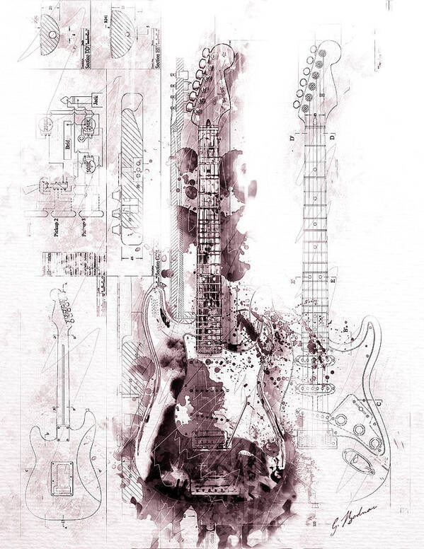 Fender Art Print featuring the digital art Fender Strat Scarlet Drip by Gary Bodnar